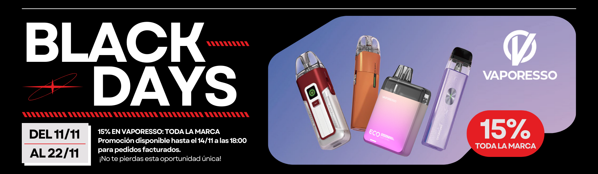 15% descuento en la marca Vaporesso por Black Friday